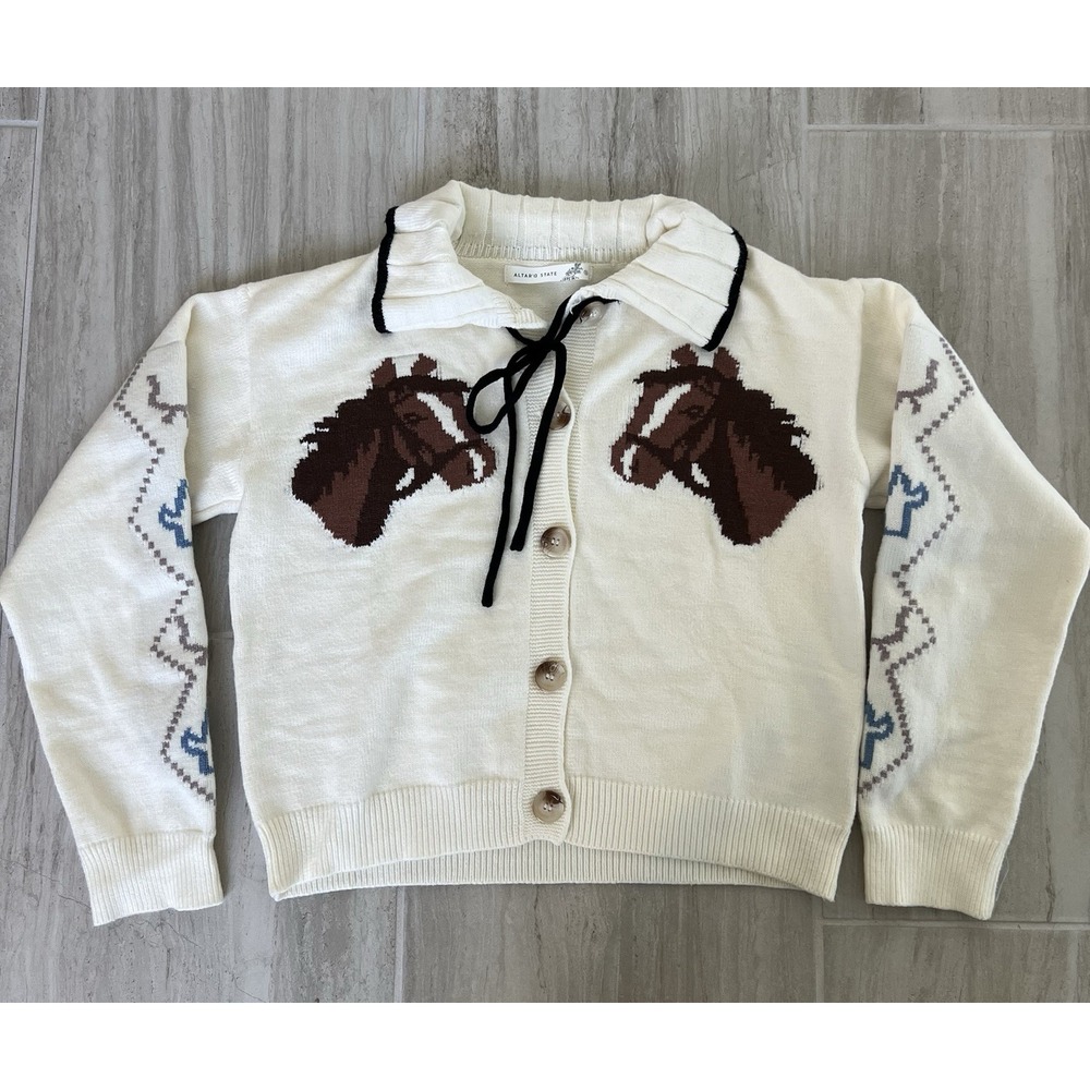 Altar'd State Horse Print Western Cardigan Sweater Cream Equestrian Ranch Size S